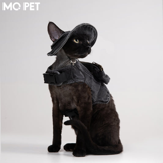 MQPET Washed Denim Harness & Hat Set