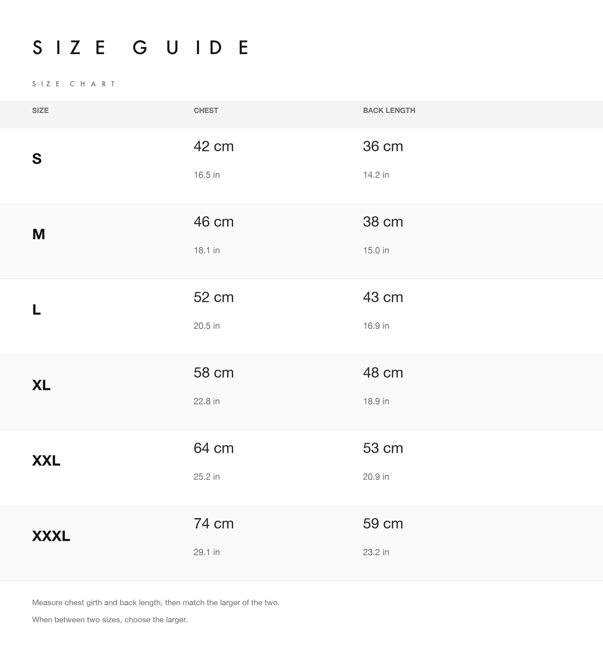 Size chart with chest, back length, neck and weight guide