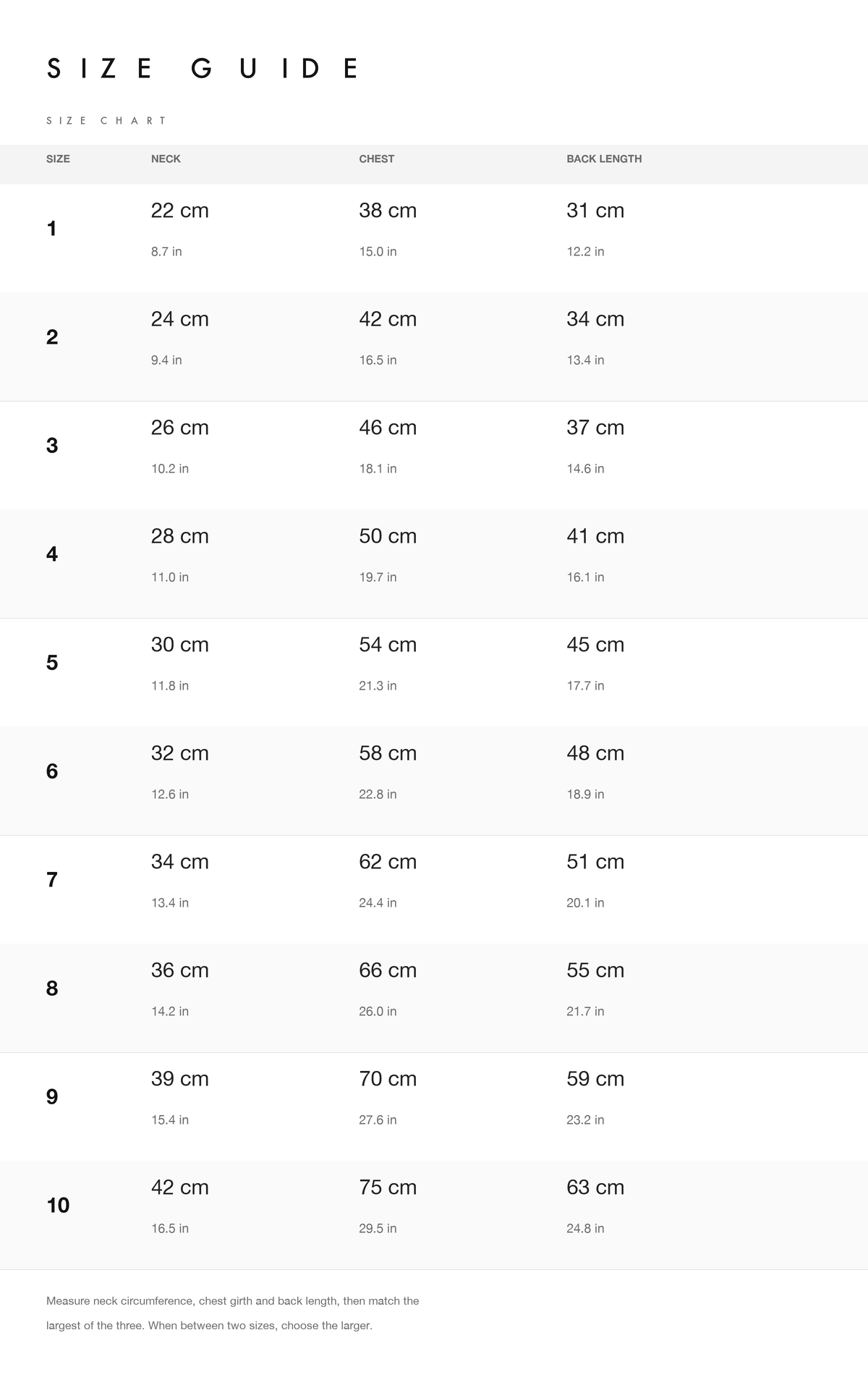 Size chart for sizes 1 to 10 with neck, chest and back length
