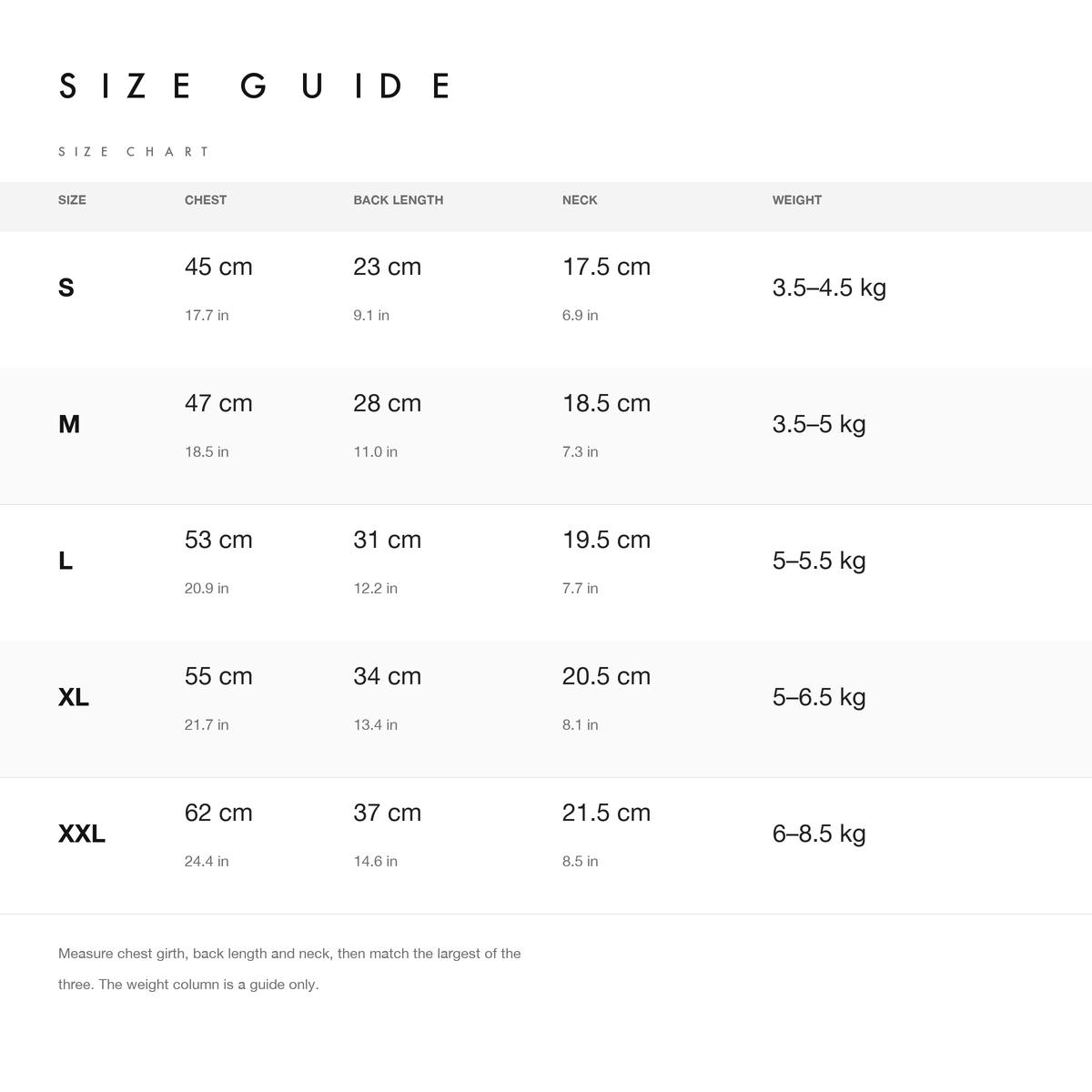 Size chart with chest, back length, neck and weight guide