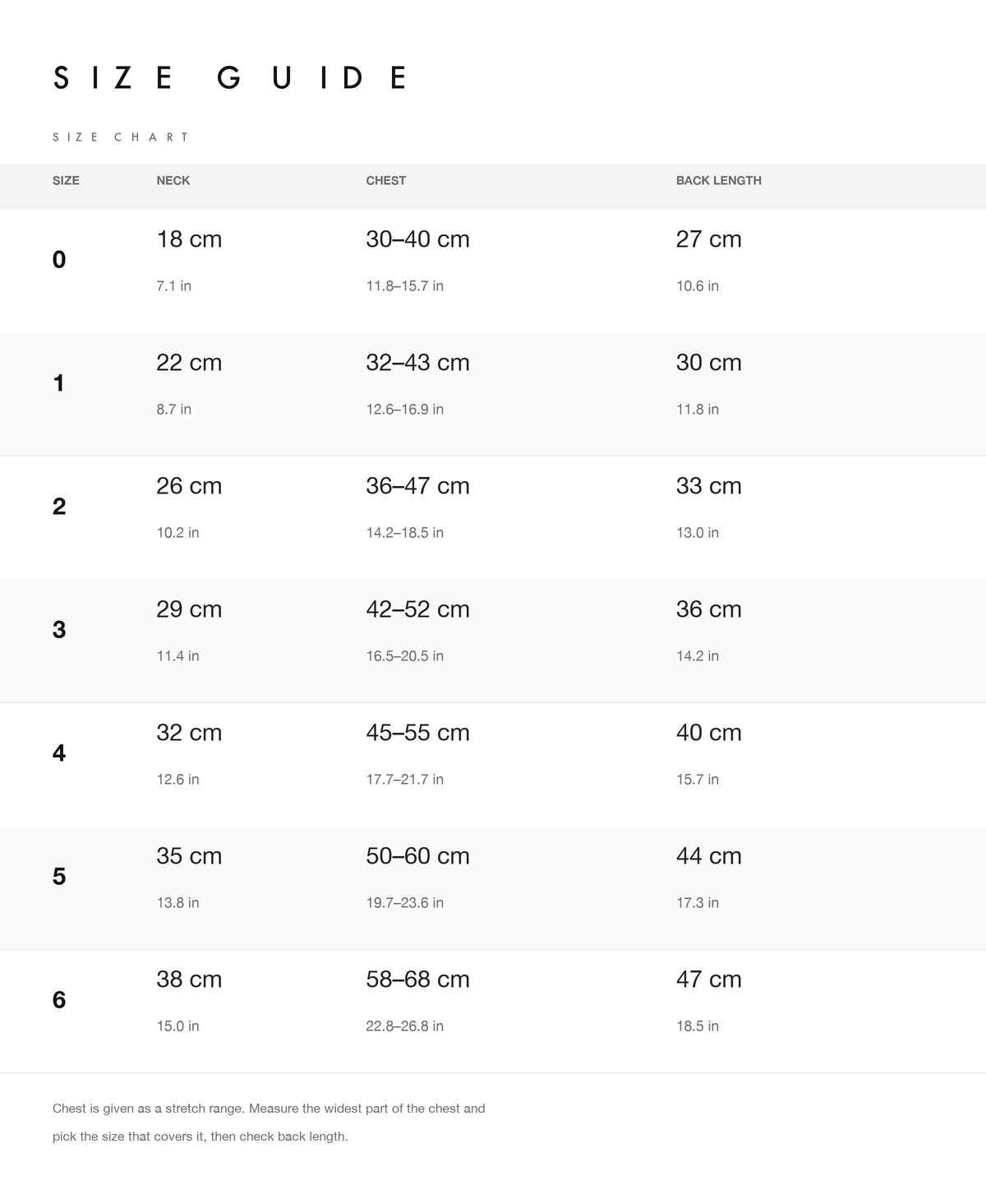 Size chart for sizes 0 to 6 with neck, chest and back length