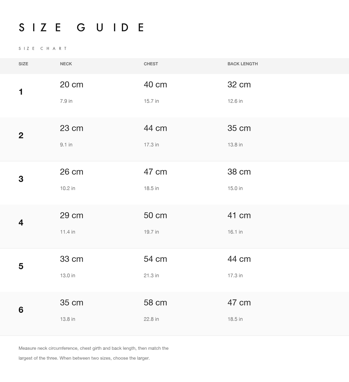 Size chart for sizes 1 to 6 with neck, chest and back length