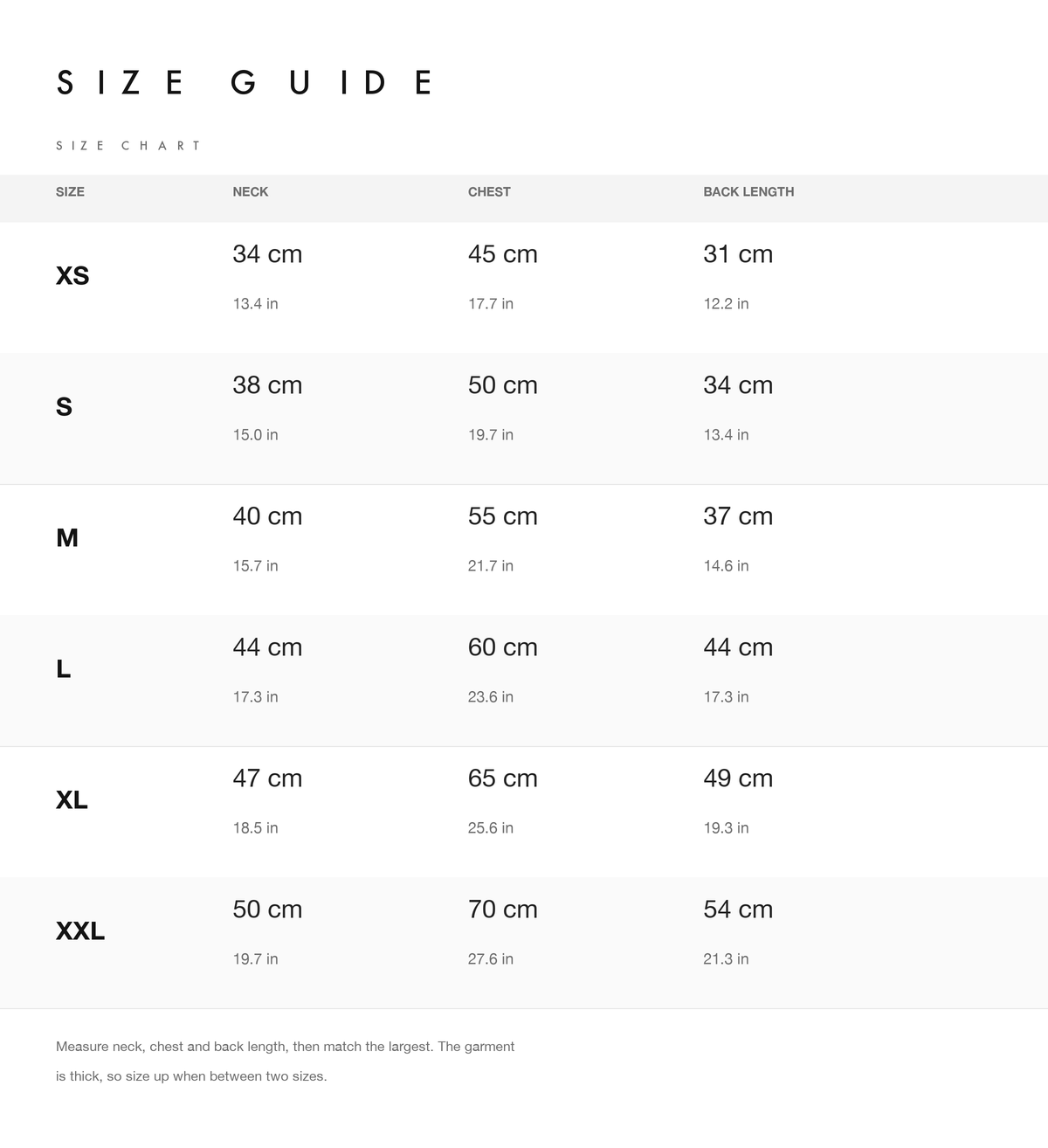 Size chart with neck, chest and back length