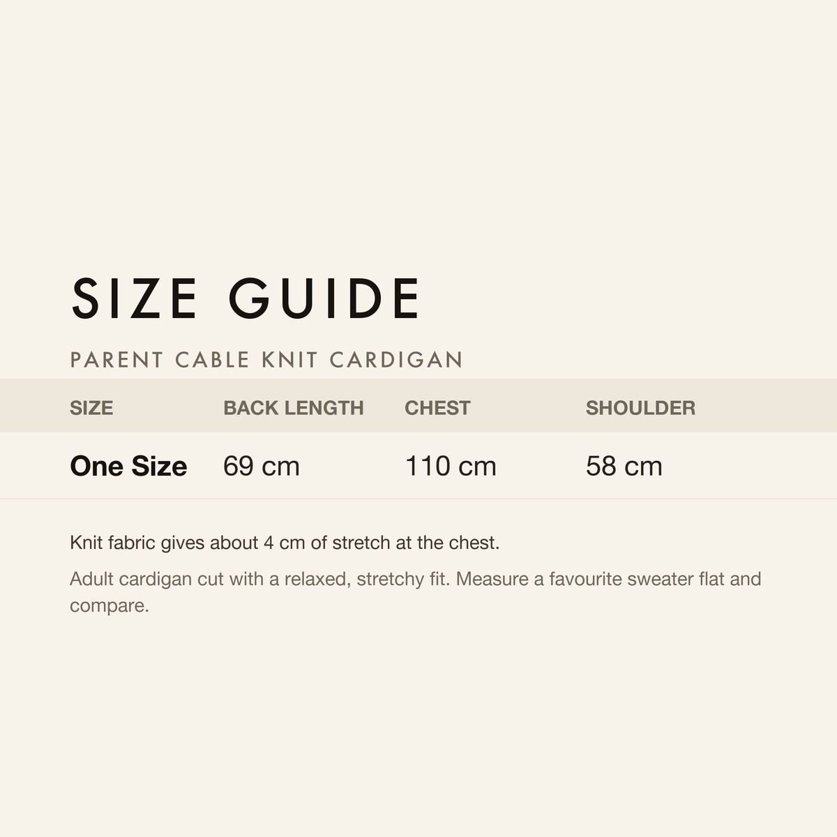 Size guide with neck, chest and back length in centimetres and inches