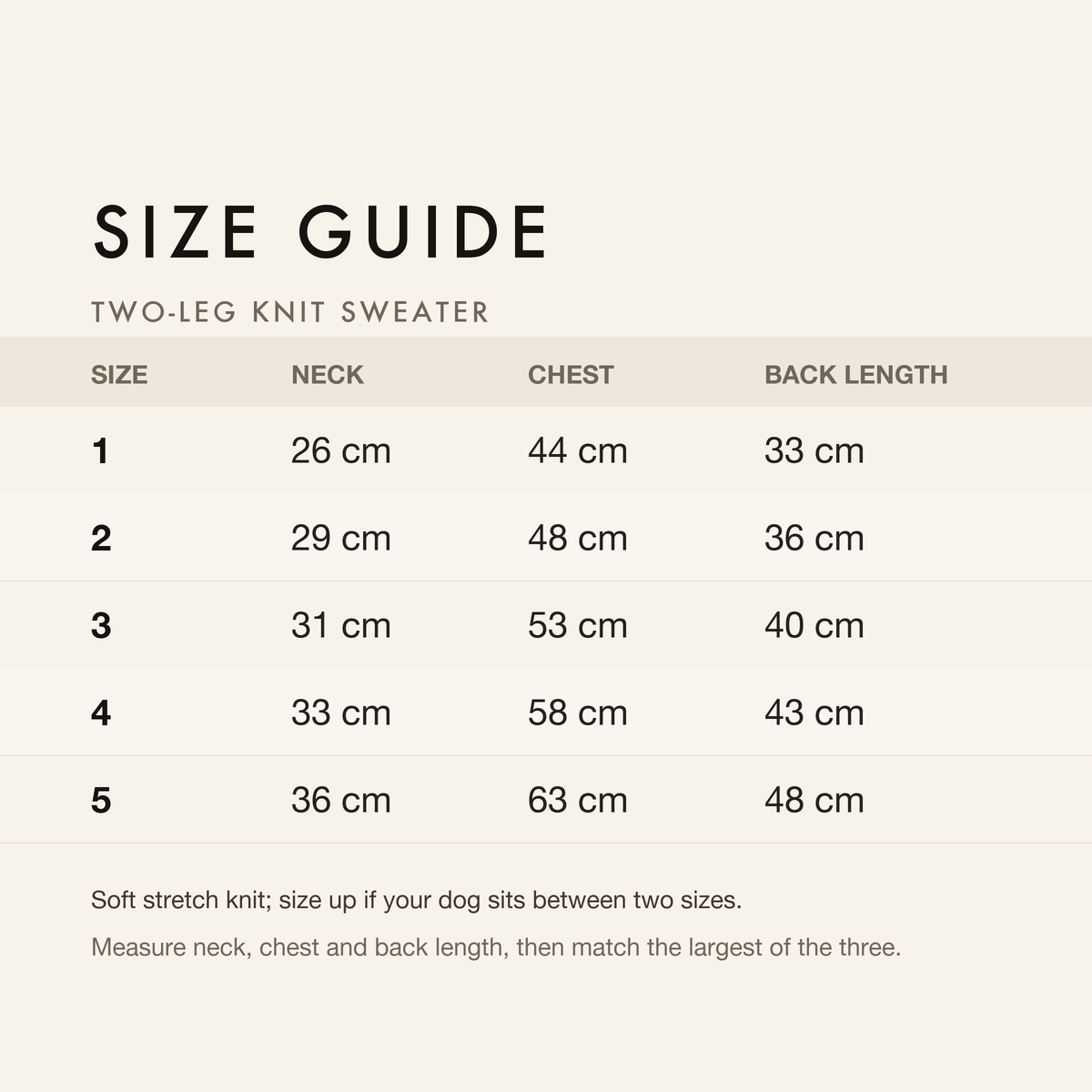 Size guide with neck, chest and back length in centimetres and inches