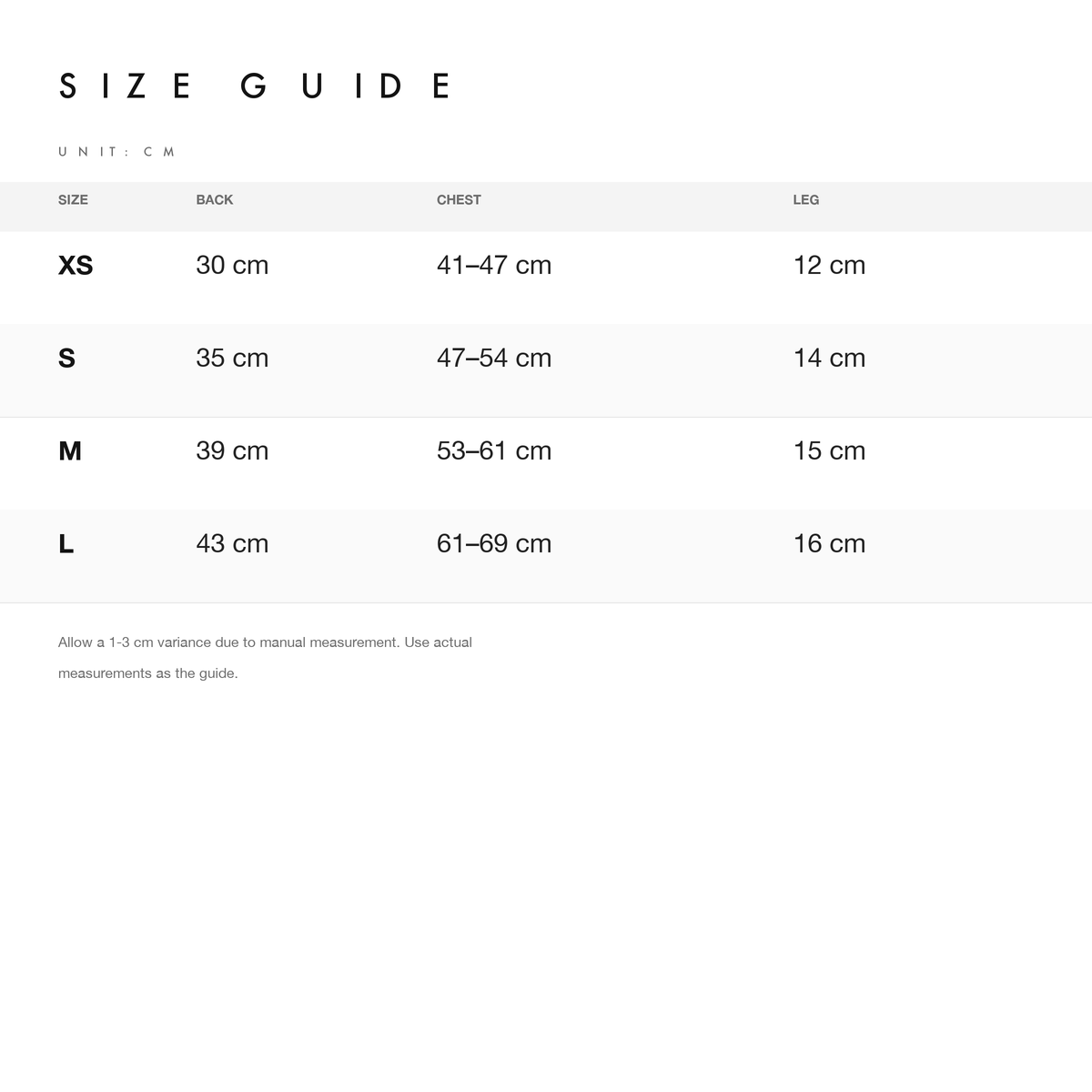 Size chart — measurements for Adjustable Cotton Dog Overalls for Italian Greyhounds