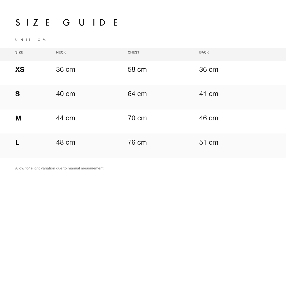 Size chart — measurements for Reversible Fleece and Corduroy Dog Onesie