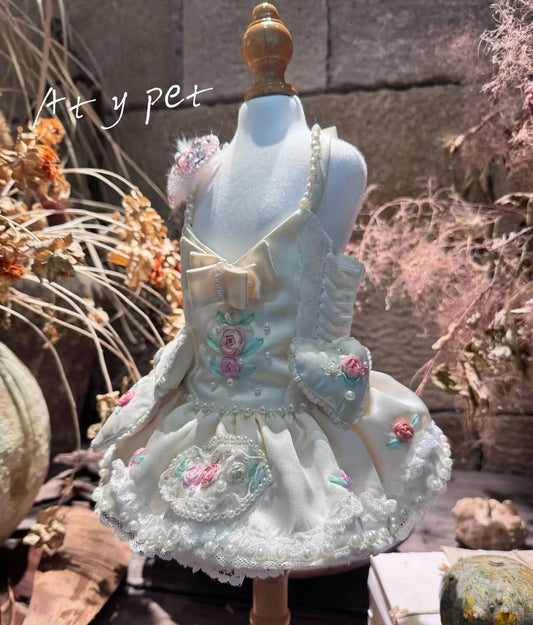 Cream White Embroidered Ribbon Dog Sundress