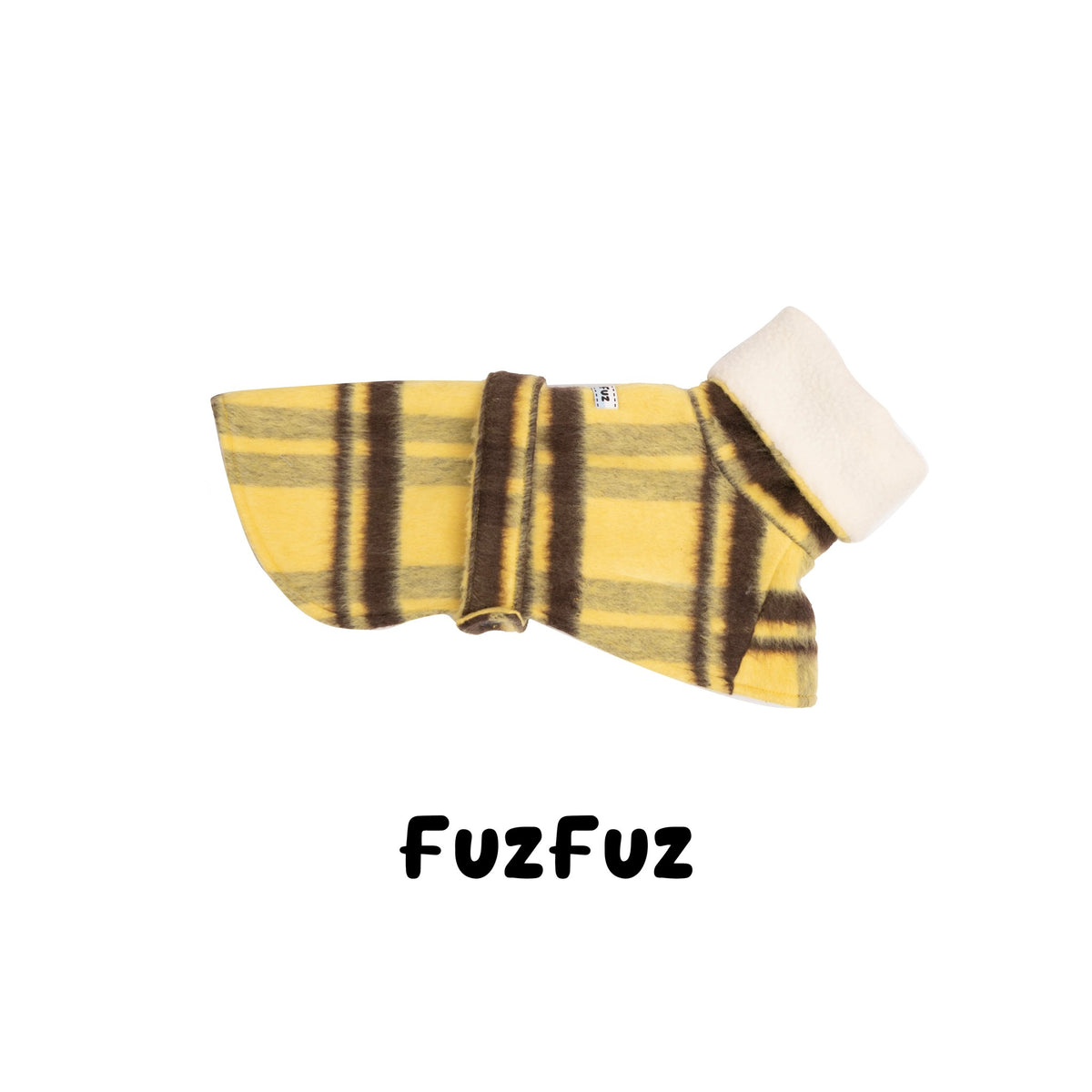 Yellow plaid eco fur dog cape laid flat with fleece lining