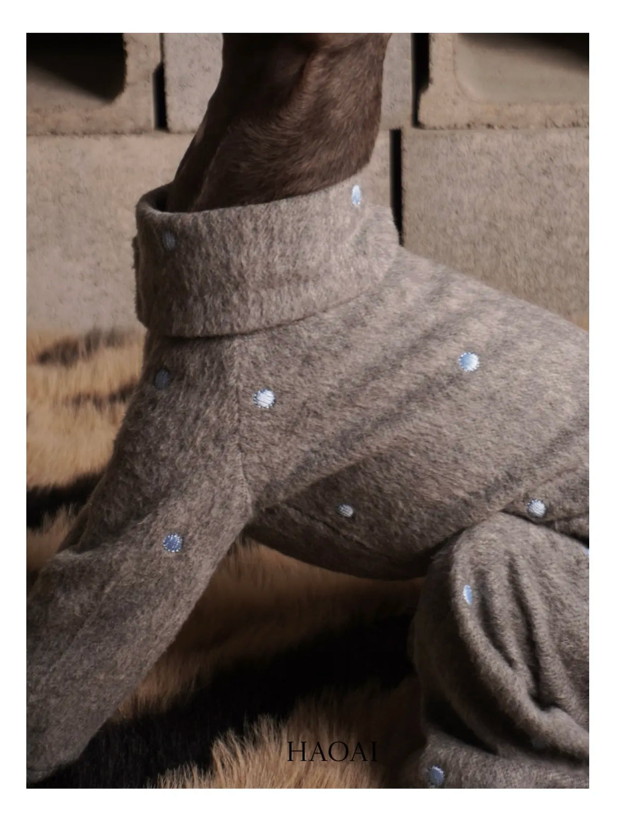 Dusk grey wool four-leg dog coat, side view with dot embroidery