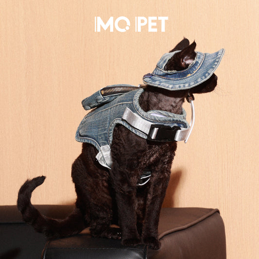 MQPET Washed Denim Adjustable Harness & Hat Set