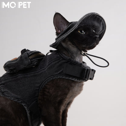 Conjunto de arnés y gorro de mezclilla lavada MQPET