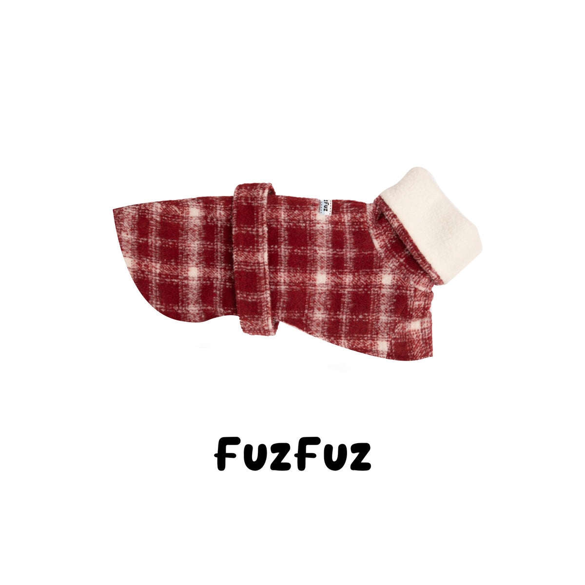 Red plaid eco fur dog cape laid flat, front view