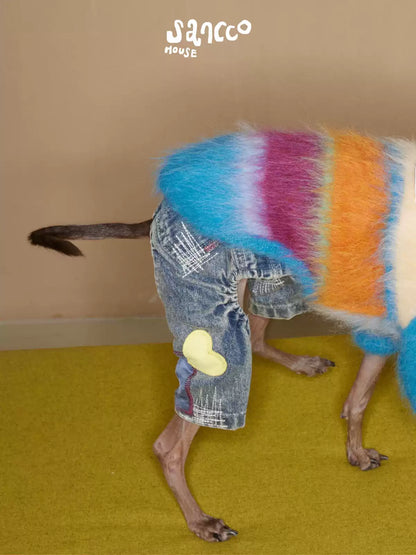 Dog in a striped alpaca sweater seen from behind