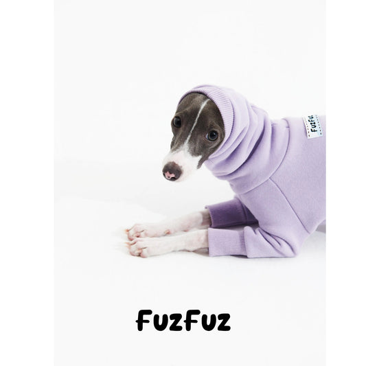 Close view of the purple fleece lined dog sweatshirt