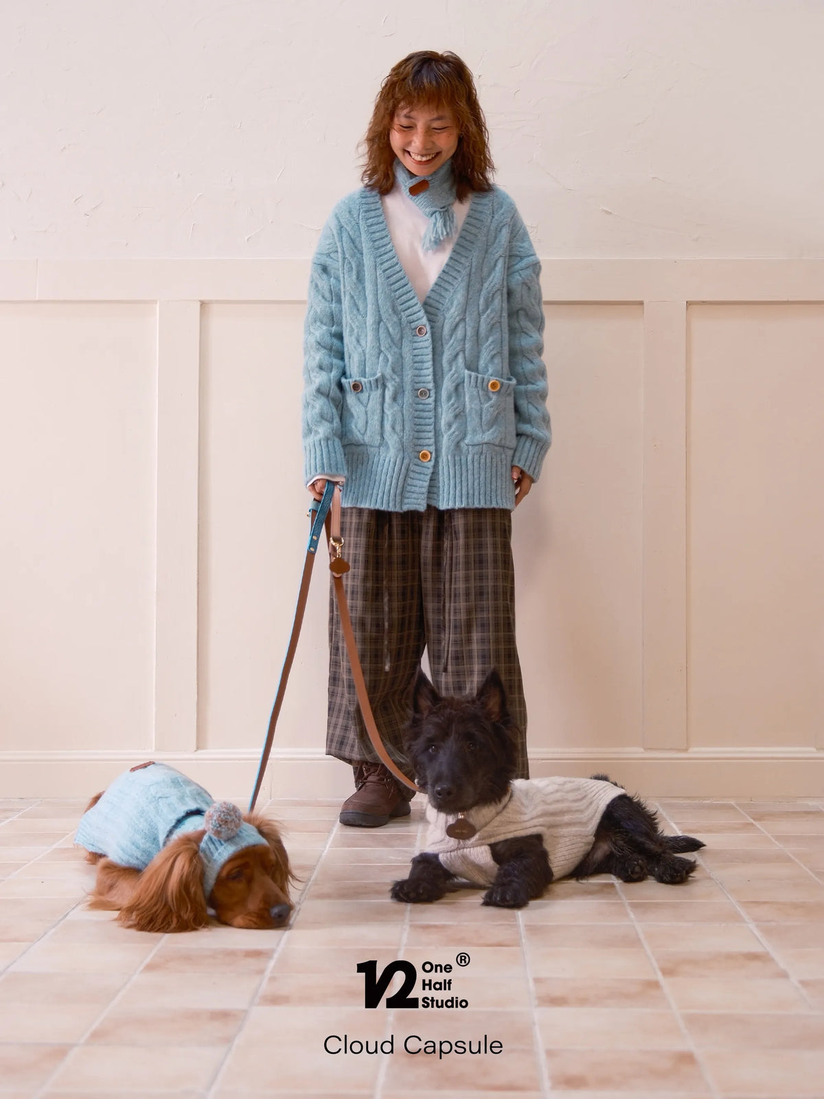 Parent and two dogs in matching blue and grey knit cardigans outdoors