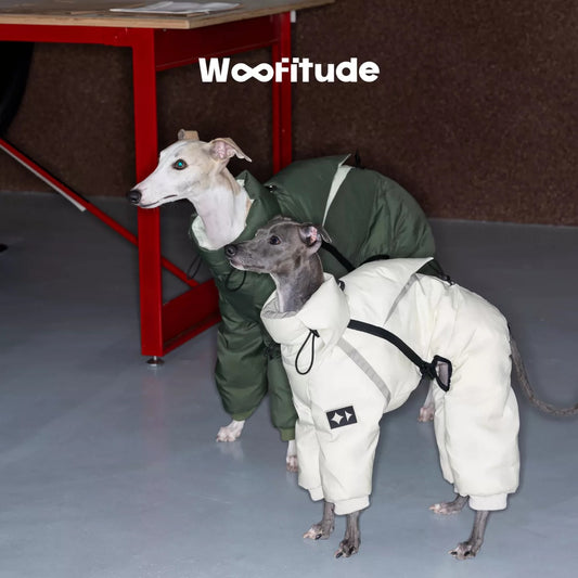 95 White Duck Down 4-Leg Dog Coat