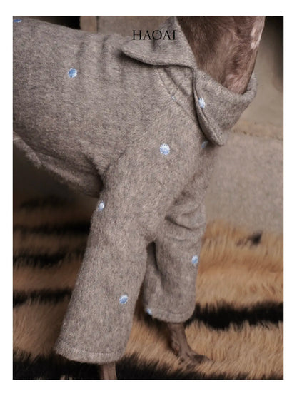 Close-up of the embroidered polka dots on the wool coat