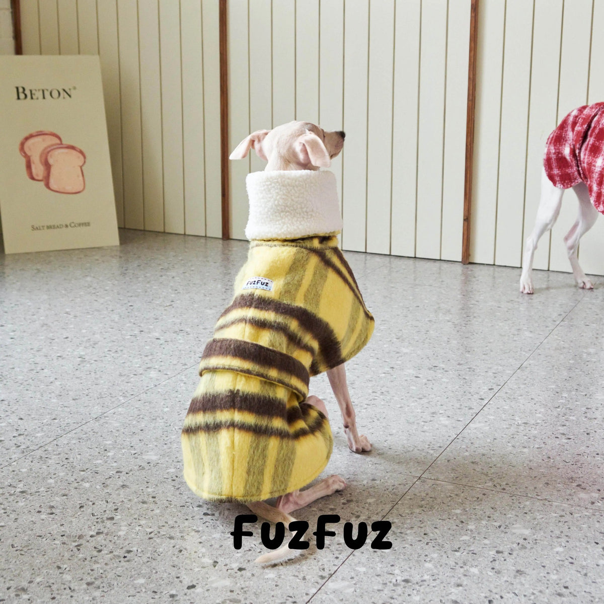 Back view of the yellow plaid cape on a standing dog