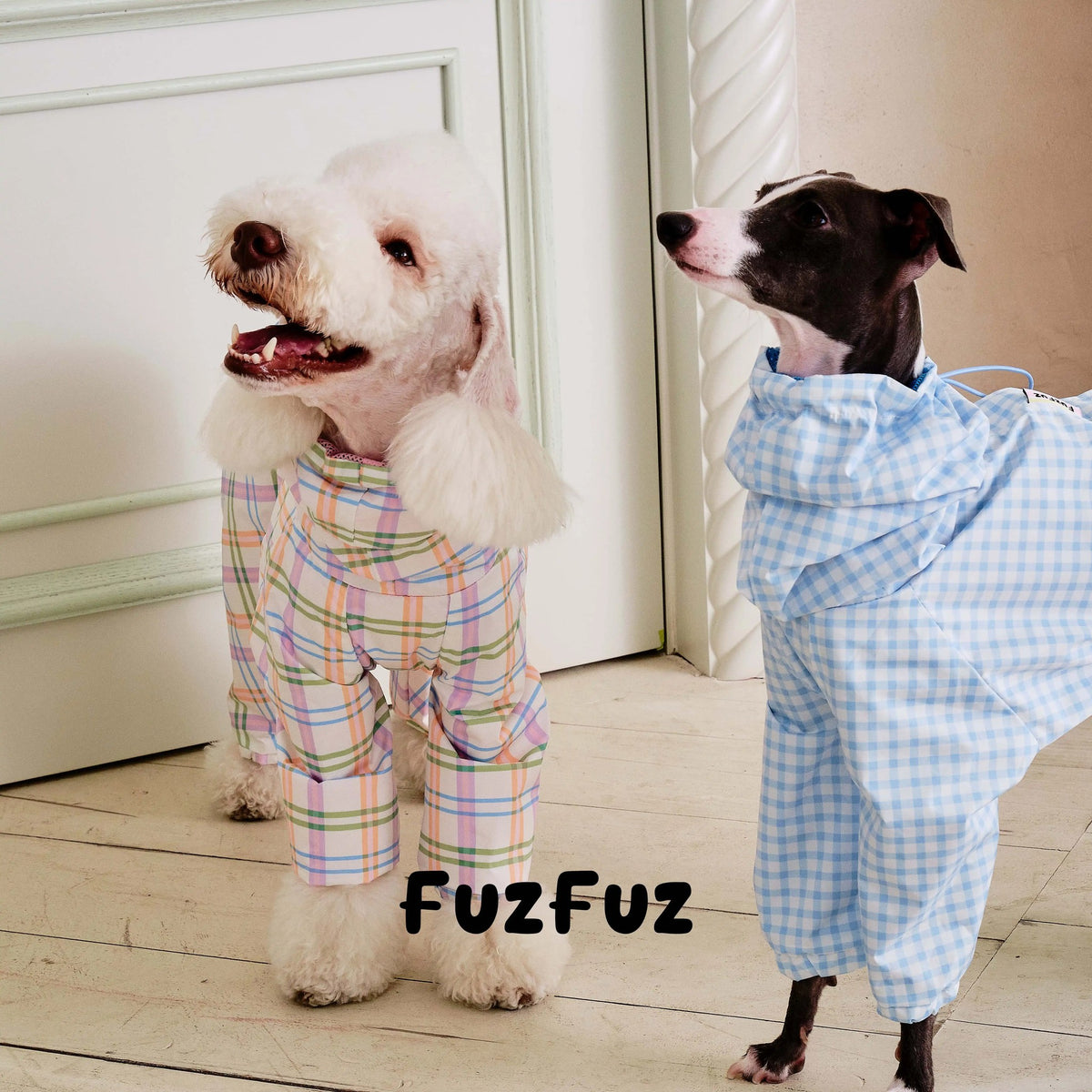 Both plaid colourways worn side by side
