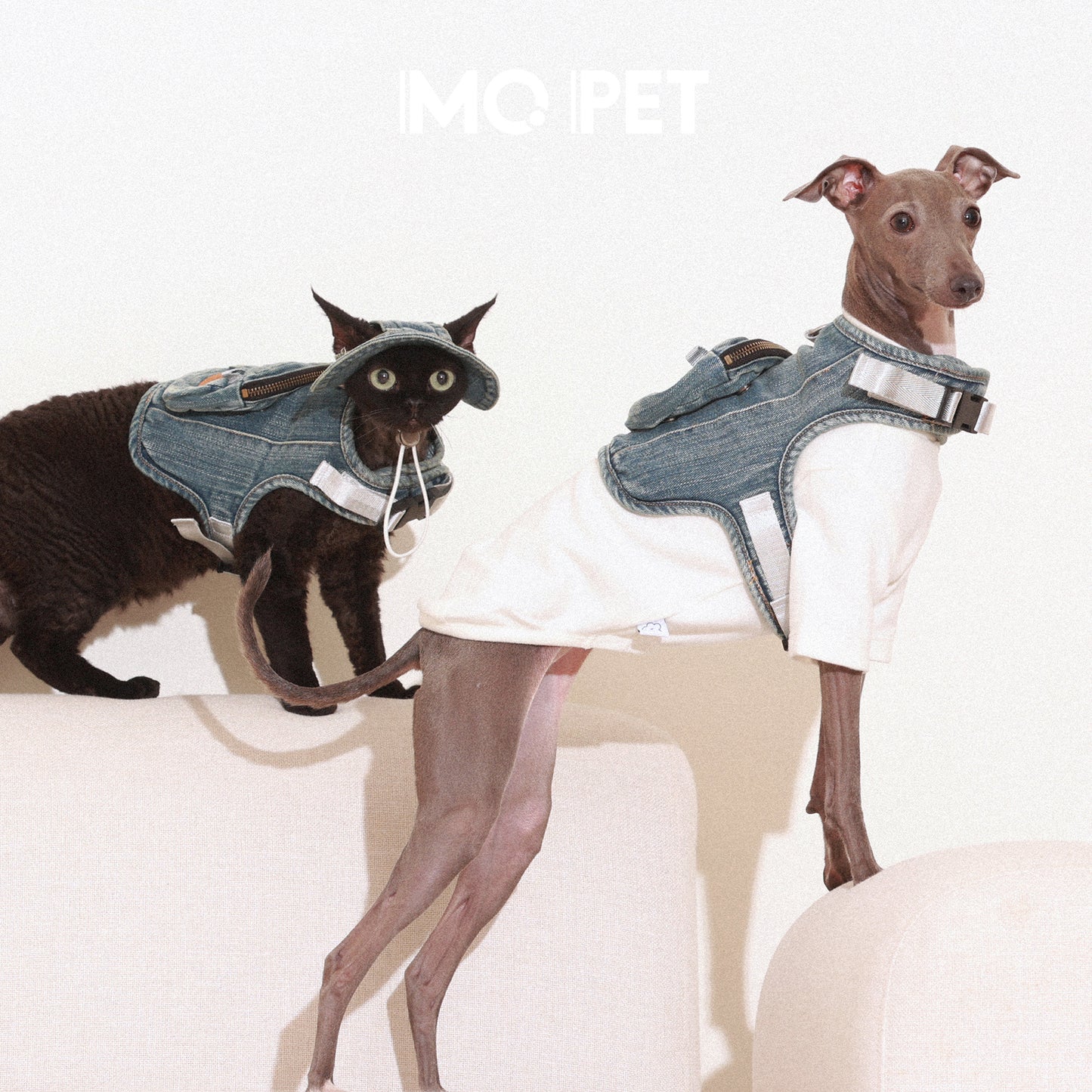 MQPET Washed Denim Adjustable Harness & Hat Set