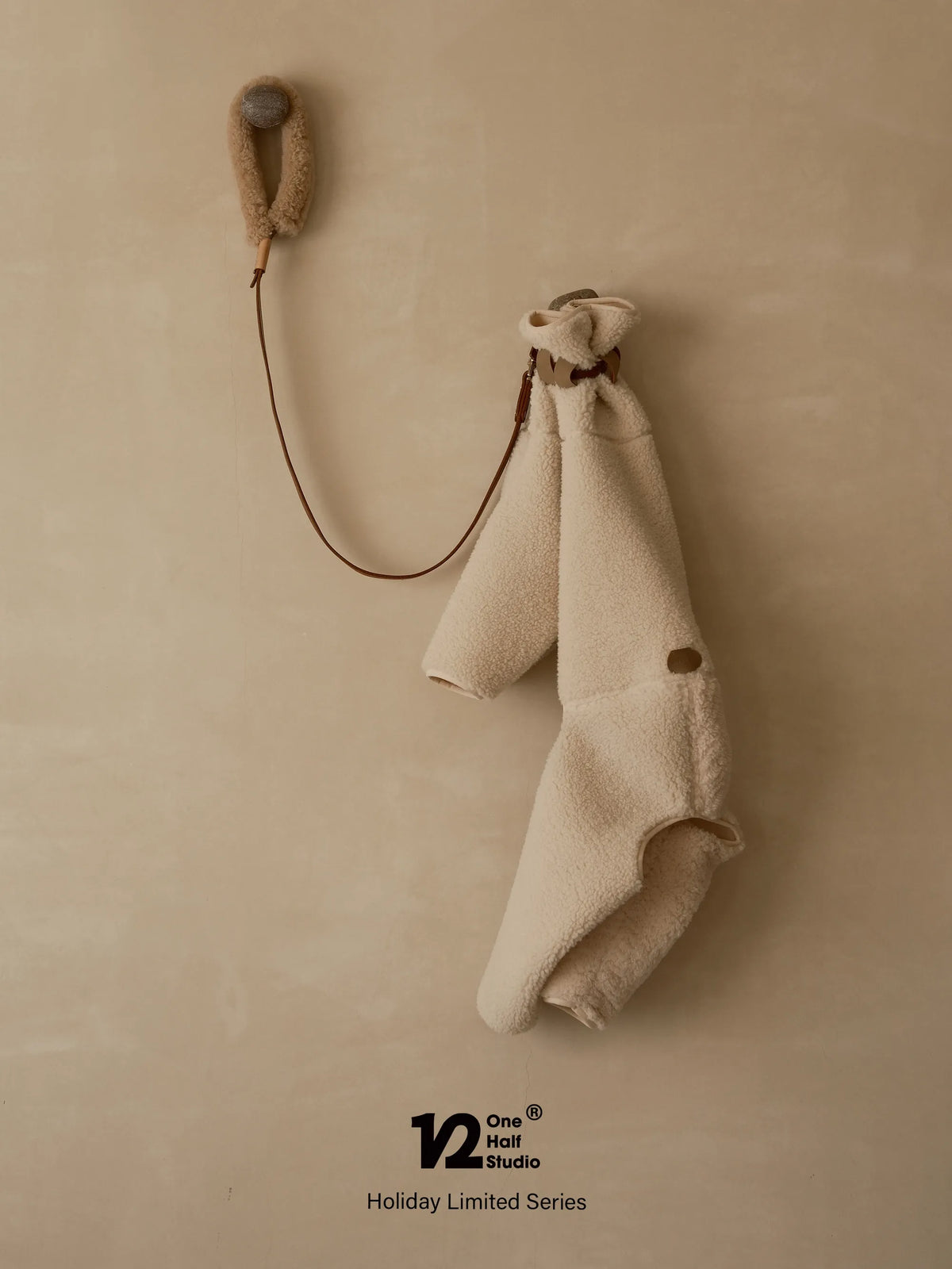 Collar and leather leash hanging against a beige wall