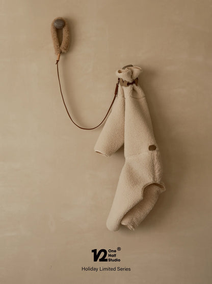 Collar and leather leash hanging against a beige wall