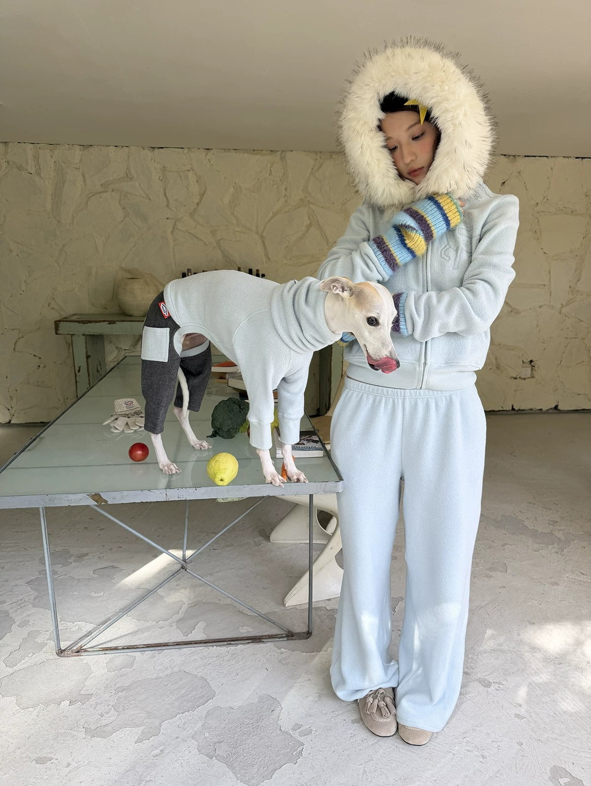 Model in a pale blue fleece set and fur-trimmed hood standing beside a whippet on a glass table, the dog in a matching two-tone fleece coat with heather grey cuffed back legs