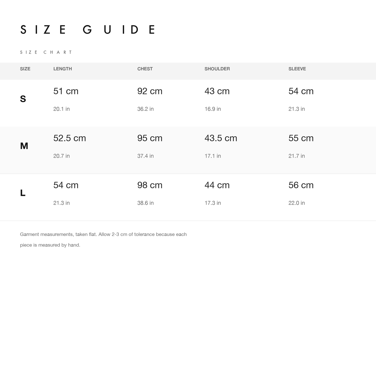 Size chart listing length, chest, shoulder and sleeve measurements in centimetres and inches for sizes S, M and L