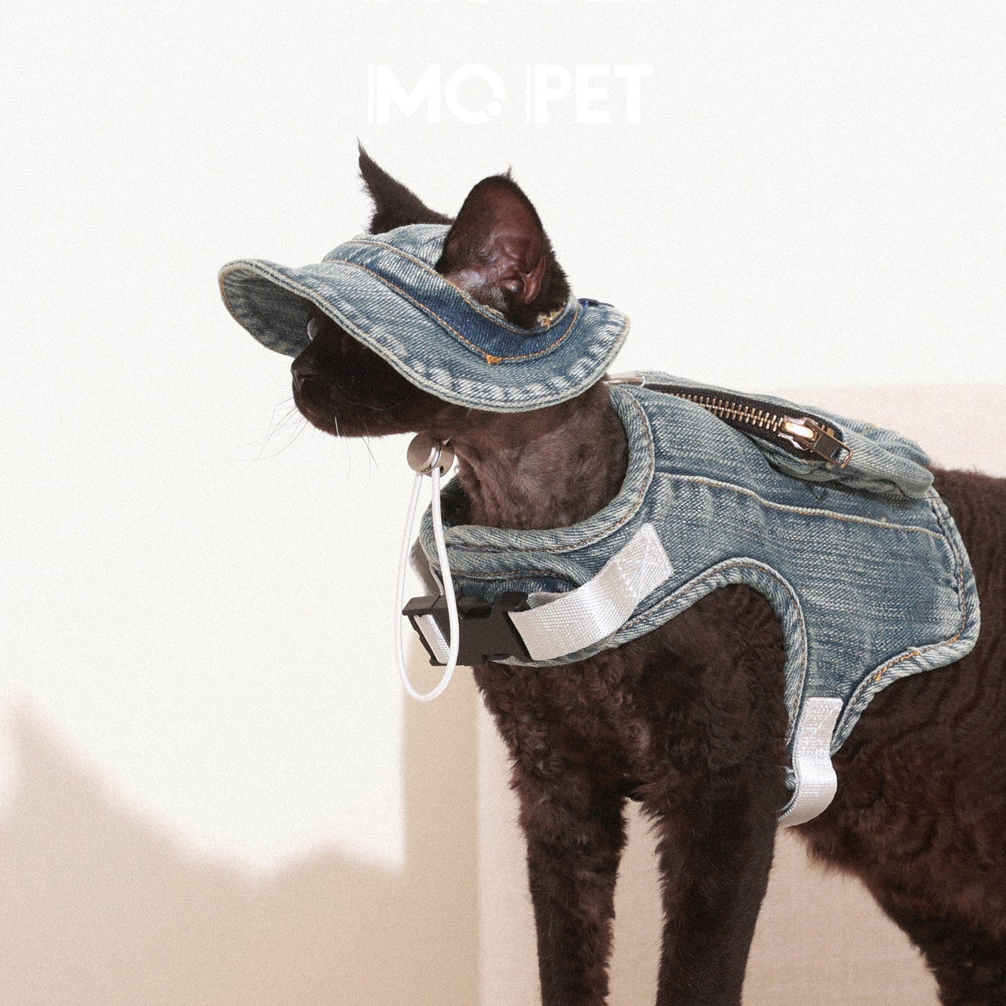 MQPET Washed Denim Adjustable Harness & Hat Set
