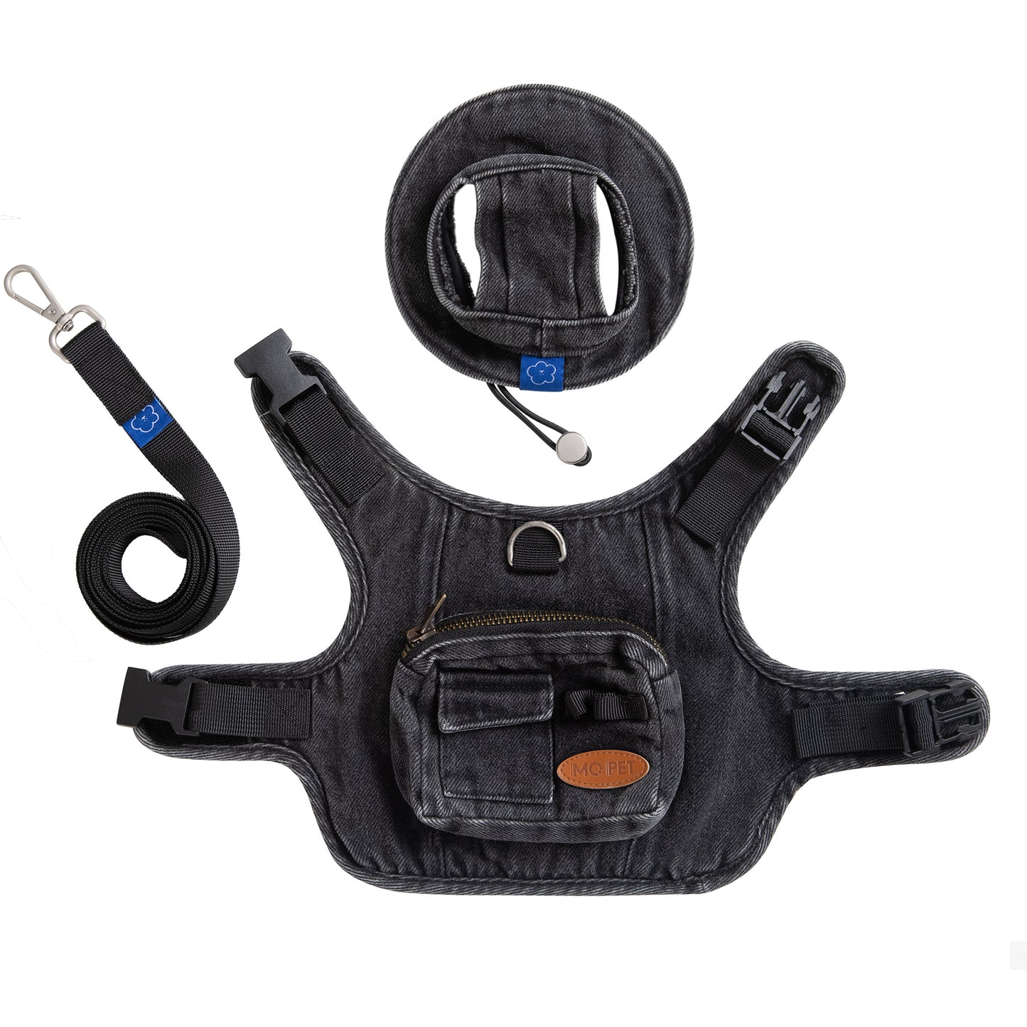 MQPET Washed Denim Harness & Hat Set
