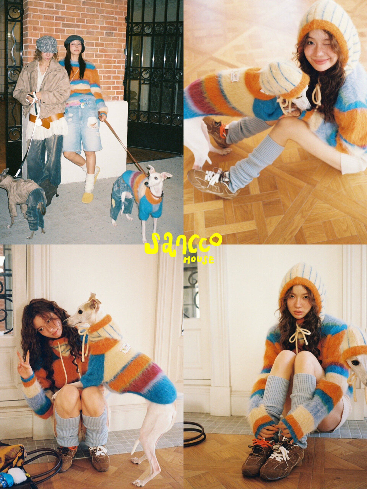 Parent kneeling beside a dog in the matching alpaca sweater