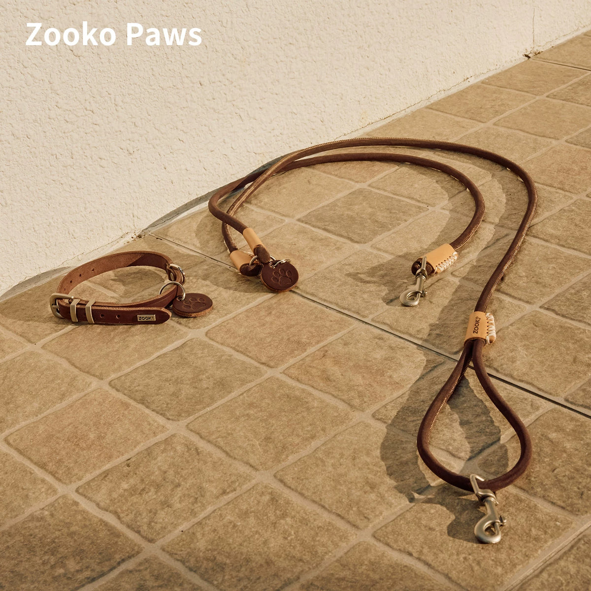 Leather leash and collar laid out on a tiled floor