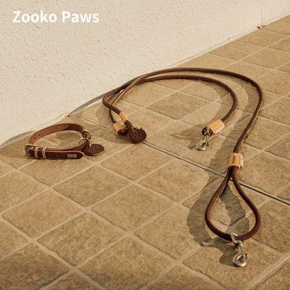 Leather leash and collar laid out on a tiled floor