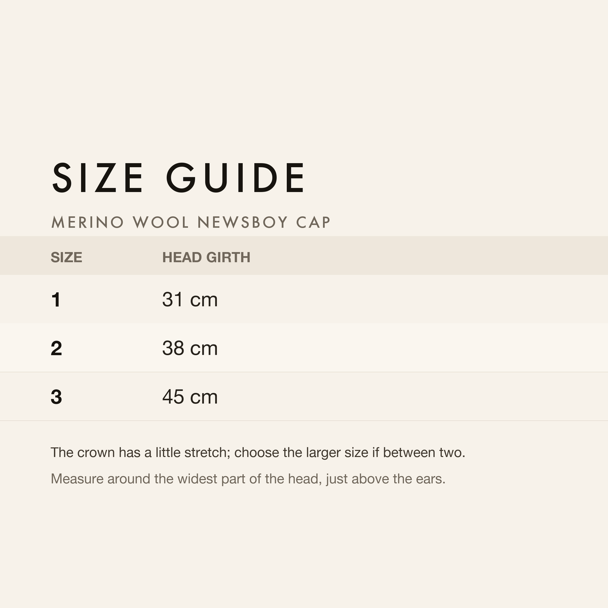 Size guide with head girth in centimetres and inches