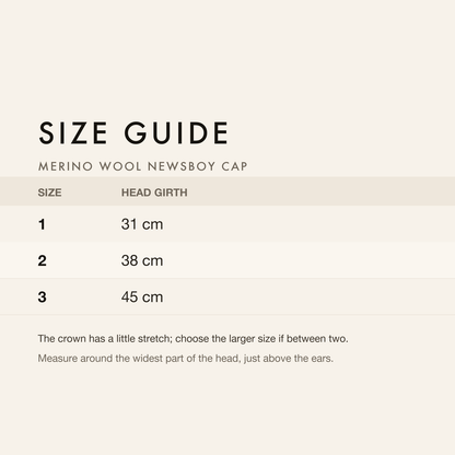 Size guide with head girth in centimetres and inches