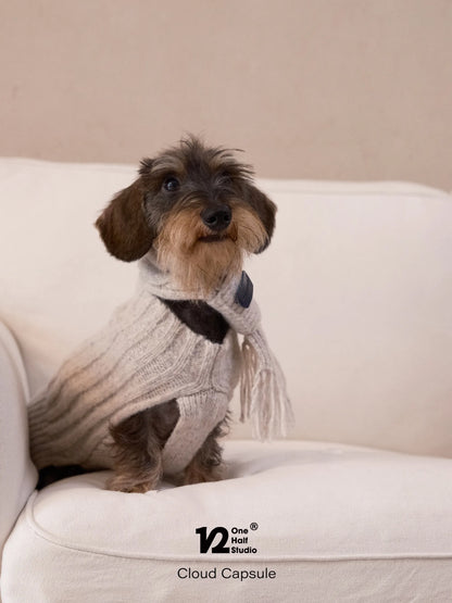 Poodle in a cream sleeveless knit sweater