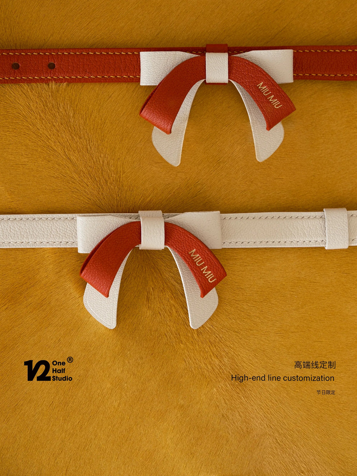 Cream and red bow collars on gold boxes