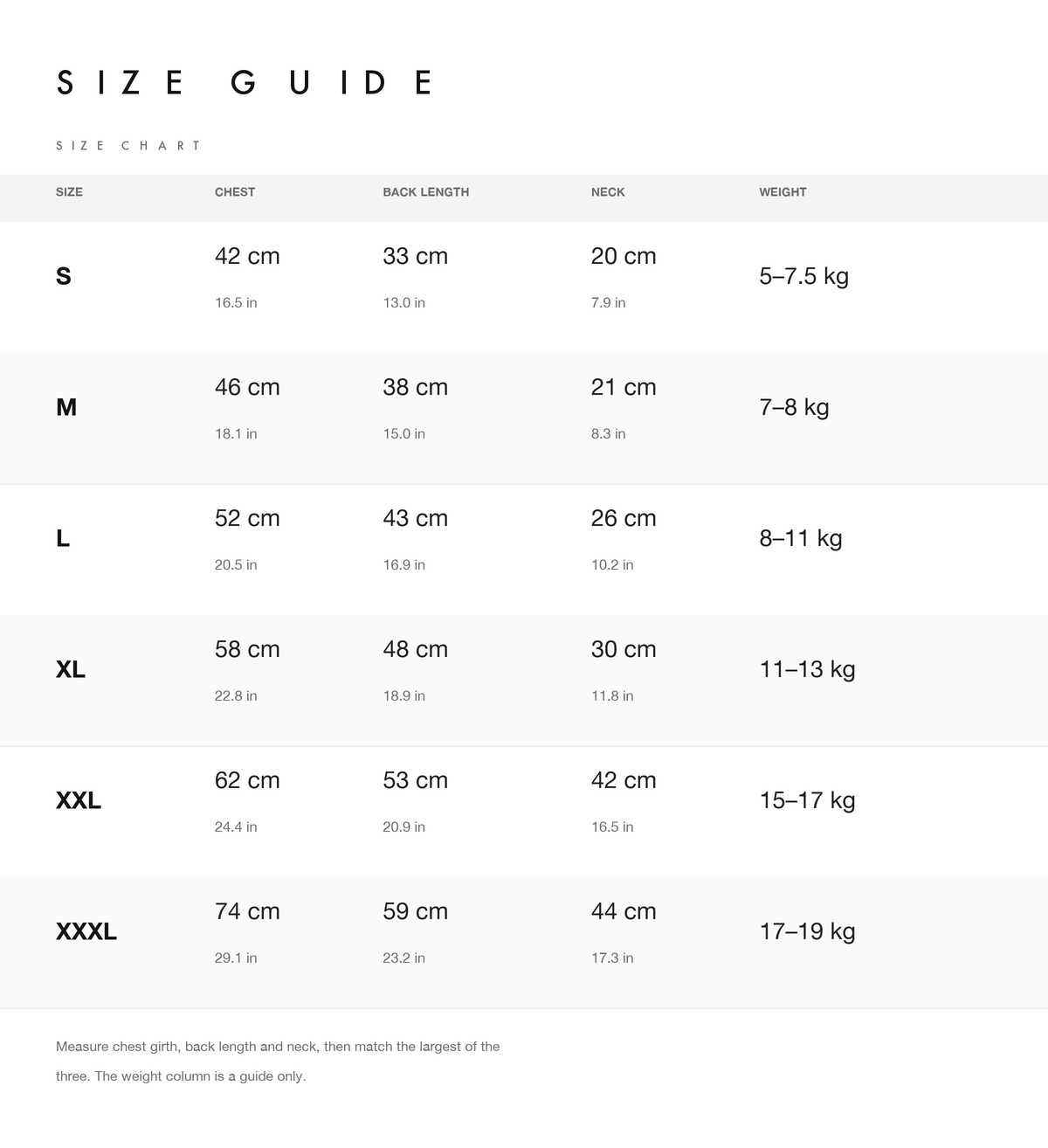 Size chart with chest, back length, neck and weight guide