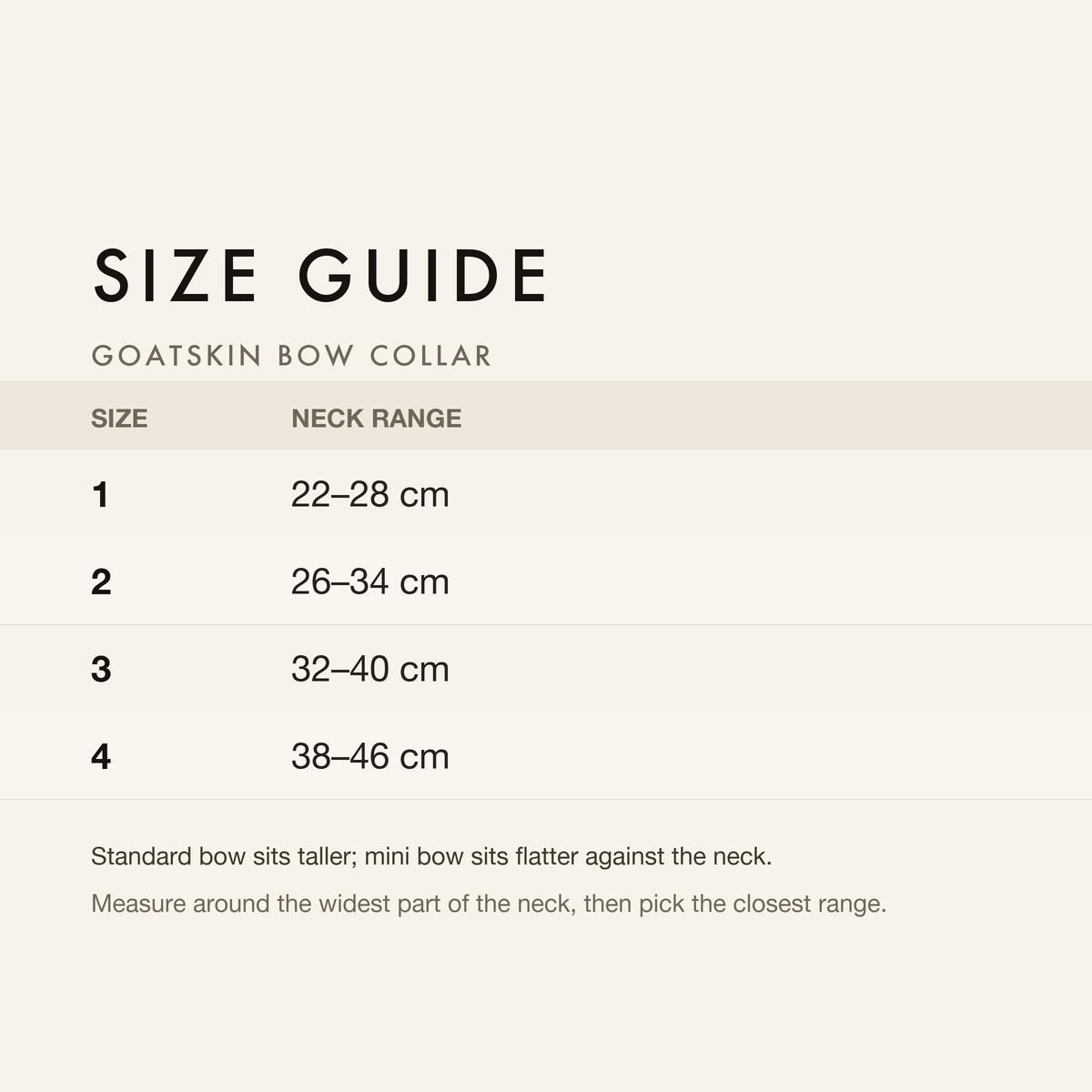 Size guide with neck range in centimetres and inches