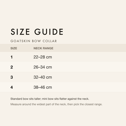 Size guide with neck range in centimetres and inches