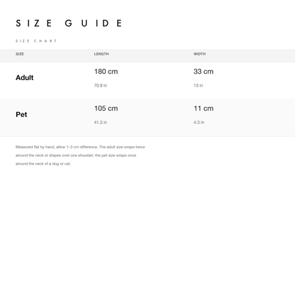 Size guide with length and width in centimetres and inches for the adult and pet sizes
