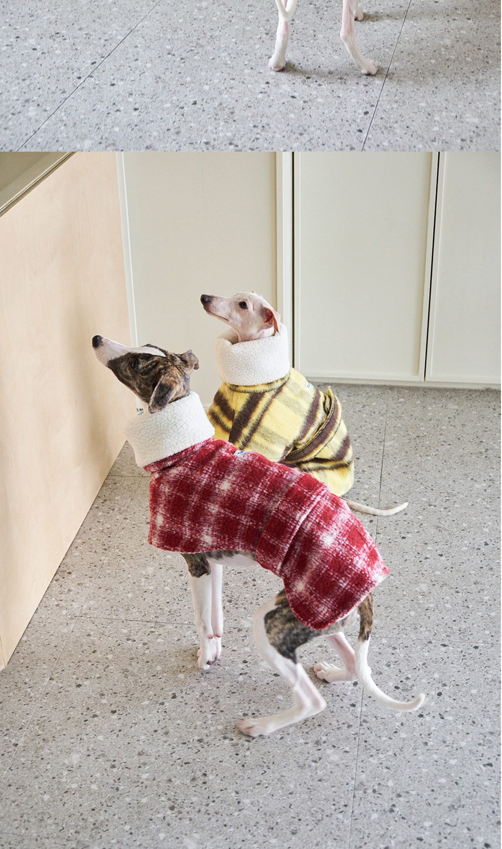 Side view of the red plaid cape with the snap front closed