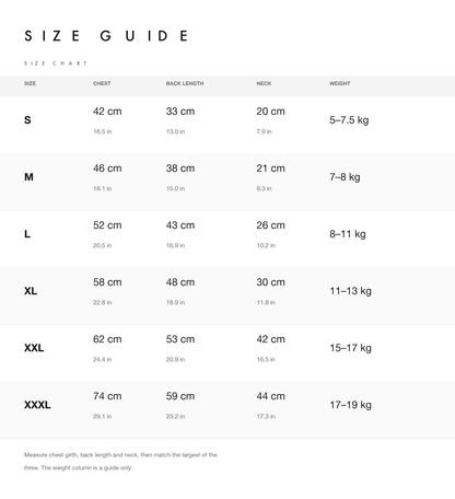 Size chart with chest, back length, neck and weight guide