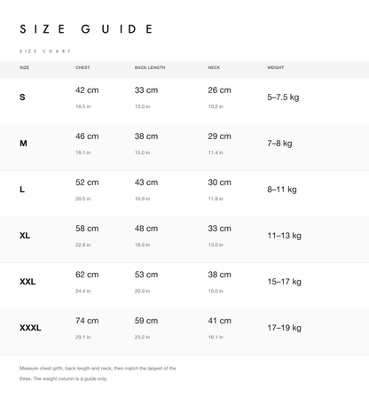 Size chart with chest, back length, neck and weight guide