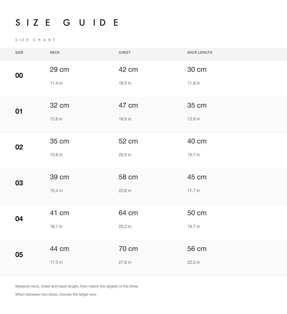 Size chart with neck, chest and back length