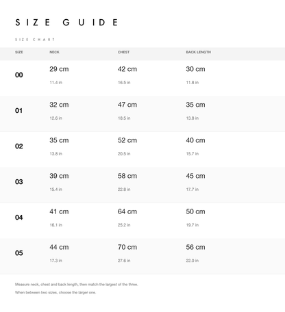 Size chart with neck, chest and back length
