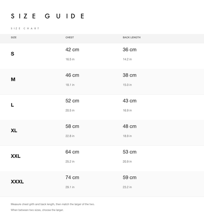 Size chart with chest, back length, neck and weight guide