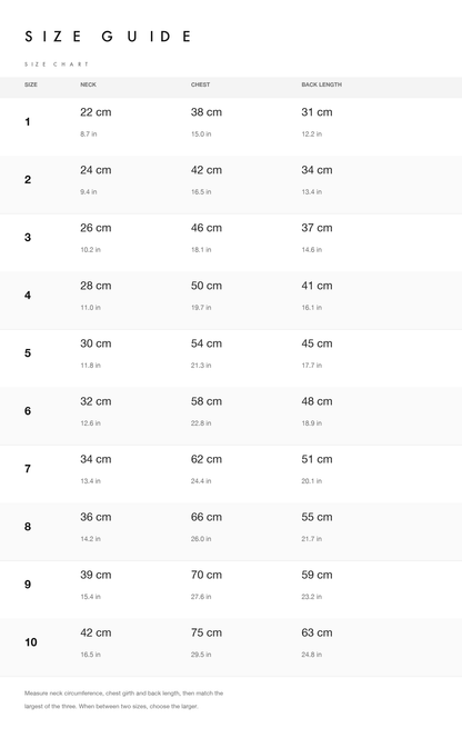 Size chart for sizes 1 to 10 with neck, chest and back length