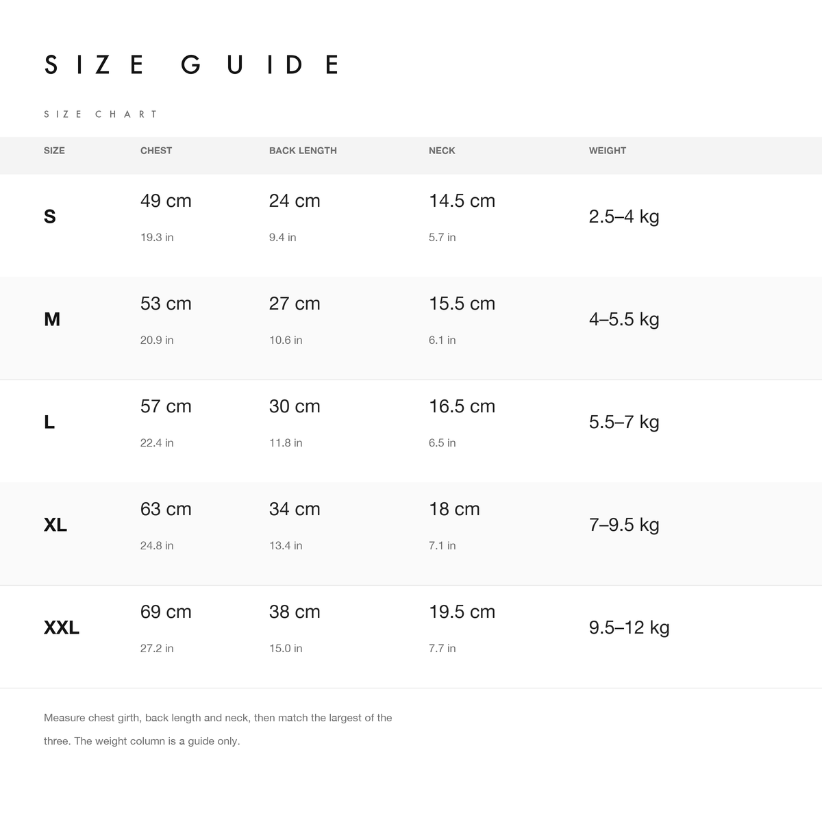 Size chart with chest, back length, neck and weight guide